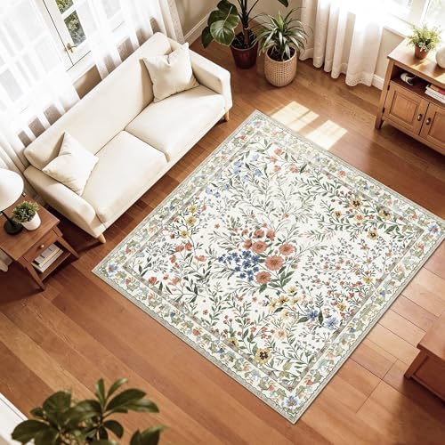 5x5 Living Room Area Rug Washable: Floral Non-Slip Mats for Indoor Floor Entryway Dining Room Bedroom - Soft Thin Carpet for Vintage Neutral Home Decor (5ft Square, Beige)