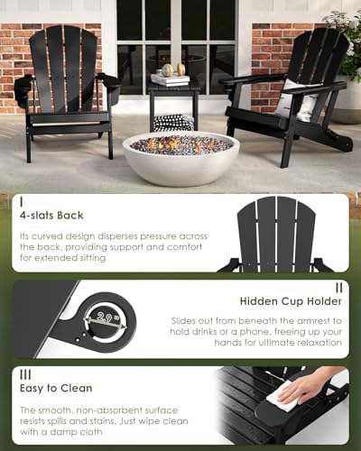 GREENVINES Folding Adirondack Chairs Set of 2 w/Cup Holder, HDPE, Black