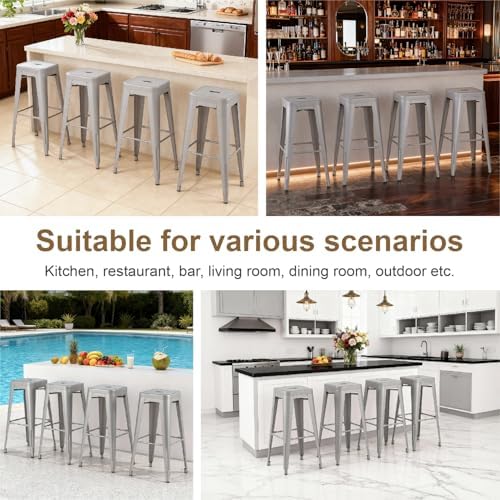 VENI HOME Stackable Metal Bar Stool Backless Indoor-Outdoor Counter Stools Fullmetal Dinning Chairs Set of 4 (Grey, 30 Inch)