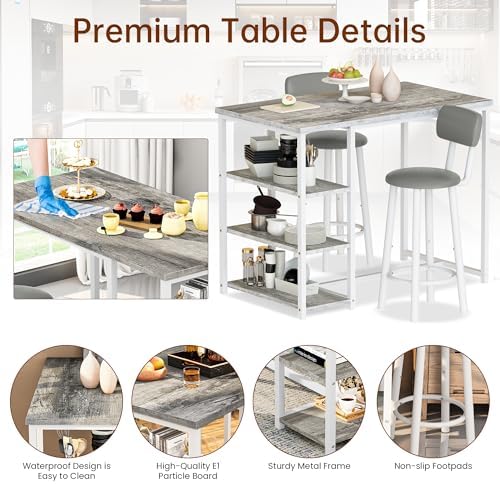 Recaceik Pub Dining Table Set for 2, Table and Bar Stools with 3 Storage Shelves, MDF Board & PU Leather Backrest Chairs, 3 Piece Dining Set for Small Space, Apartment, Kitchen Island, Grey
