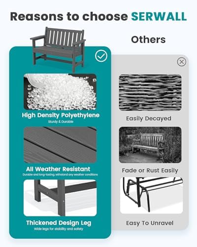 SERWALL HDPE Outdoor Bench, Weatherproof Porch Bench, 1 Pack, Grey