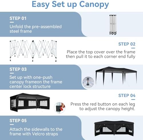 10x20 Pop Up Canopy Tent with Sidewalls, One-Push Instant Setup Waterproof Outdoor Canopy, 3 Adjustable Height Portable Canopy for Outdoor Events, Wedding, Market Stall