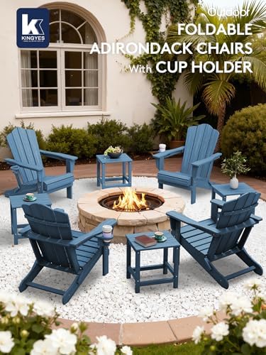 KINGYES Folding Adirondack Chair Set of 2 with Cup Holder, Navy