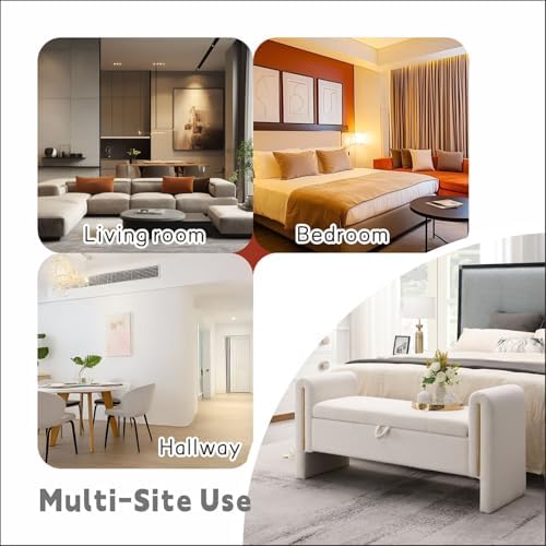 52" Upholstered Storage Bench, White, Armrests, Wood Frame