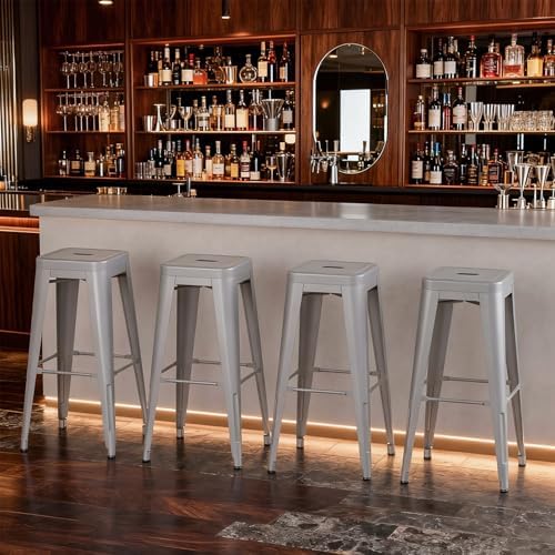 VENI HOME Stackable Metal Bar Stool Backless Indoor-Outdoor Counter Stools Fullmetal Dinning Chairs Set of 4 (Grey, 30 Inch)