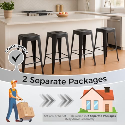 24 Inch Matte Black Metal Counter Stools, Set of 6, Backless