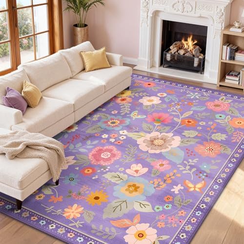 RELEANY Floral Washable 8x10 Area Rugs Purple/Pink