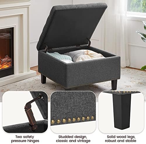 Yaheetech 28in Square Storage Ottoman Coffee Table with Nailhead, Dark Gray