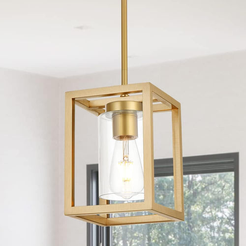 1-Light Rustic Chandelier in Gold Finish Modern Industrial Pendant Lighting Fixture with Clear Glass Shade Hanging Ceiling Light for Dining Room