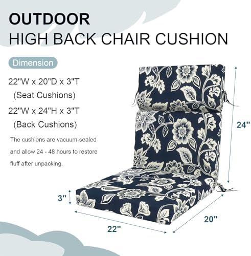 DYTXIII Outdoor High Back Chair Cushions Set of 2, 44"x22" Water Repellent Patio Seat Cushions with Elastic Sponge, All Weather Chair Pads for Rocking, Dining Chairs, Patio Furniture - Vines Navy