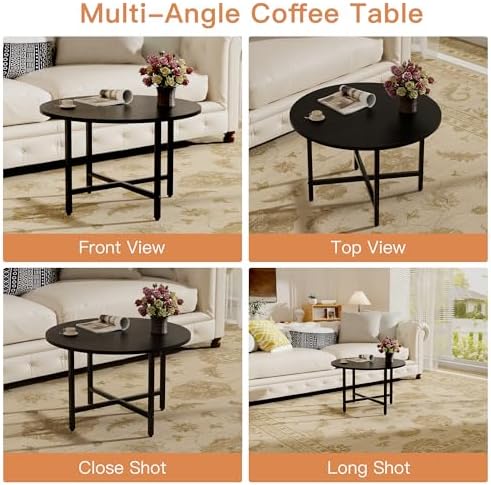 FAMIDGE Coffee Table, 23.6" Round Coffee Table, Black Living Room Tables