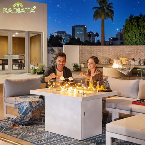 RADIATA 7 Piece Aluminum Patio Furniture Set with Fire Pit Table, White
