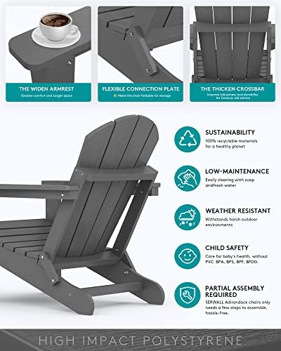 SERWALL Folding Adirondack Chair with Cup Holder Set of 4, Fire Pit - Gray