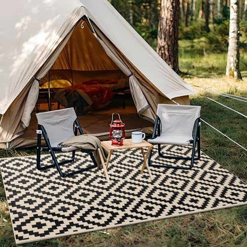 OLANLY Outdoor Rug 5x8 ft Waterproof Reversible Mat, Black & Beige