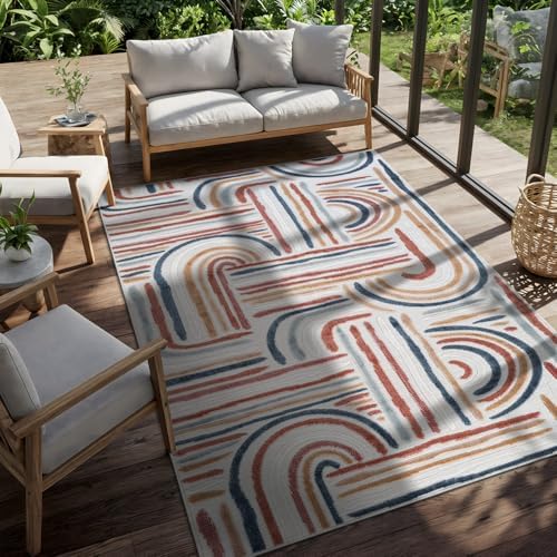 CAMILSON Indoor Outdoor Rug, Multicolor 10x14 Geometric Arch Striped Large Area Rugs for Patio and Home Areas, Easy-Cleaning Non-Shedding Living Room, Garden and Deck Washable Outside Carpet 10 x 14