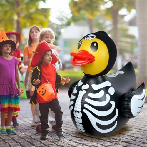 1Pcs 4.6 Feet Halloween Giant Inflatable Duck Outdoor Decorations,Huge Blow Up Yard Yellow Duck with Black Skeleton Bone Cloth Duck Pool Float for Indoor Halloween Party Garden Patio Lawn Decor