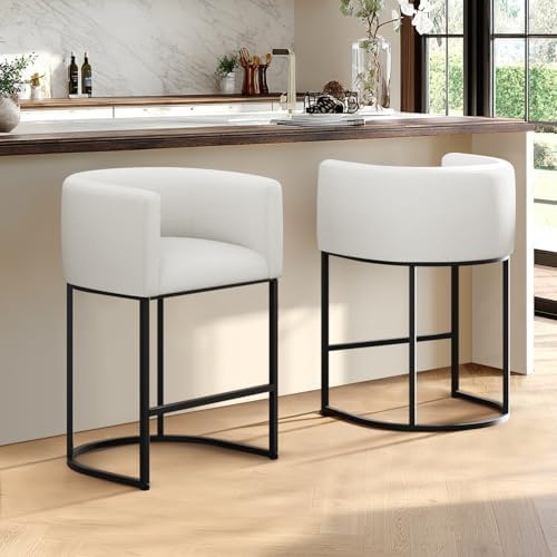 Counter Height Bar Stools Set of 2, 24 Inch Seat Height Barstools for Dining Room, Fabric Upholstered Bar Chair for Kitchen Island, Linen Counter Stools with Metal Legs, White