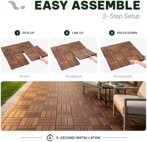 VICTORY RELAX Natural Acacia 12x12 Interlocking Wood Deck Tiles for Balcony, Garden, Patio, Poolside Decor - Waterproof Indoor & Outdoor Flooring - Square Joints (9, Walnut, 12 slats) (9 PCS)