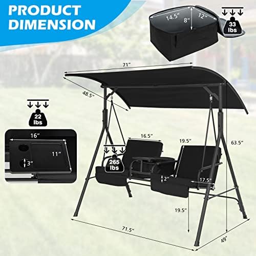 Tangkula 2 Person Porch Swing with Cooler Bag, Black