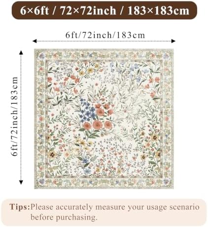 6x6 Washable Area Rug Living Room: Floral Non-Slip Washable Mat for Indoor Floor Dining Room Bedroom High Traffic Area - Soft Low Pile Carpet for Vintage Boho Home Decor (6ft Square, Beige)