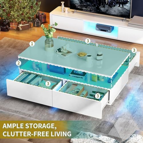 DWVO LED Coffee Table with Storage 4 Drawers, Modern High Glossy Coffee Tables for Living Room, White Rectangle Coffee Table Small Center Table with Open Display Shelf & Sliding Drawers, White