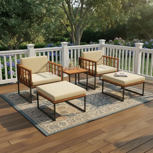 Tangkula 5 Pieces Acacia Wood Patio Furniture Set with Ottomans, Outdoor Conversation Set with Soft Cushions and Coffee Table for Poolside, Garden, Balcony and Backyard (Beige)