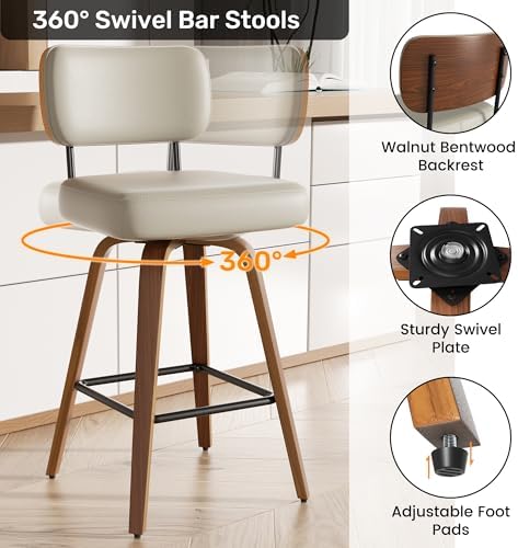 Swivel Bar Stools Set of 3, 26" Upholstered Faux Leather Counter Height Barstools with Walnut Back & Bentwood Legs, Mid Century Modern Bar Chairs Island Stools for Kitchen Counter, Beige Grey