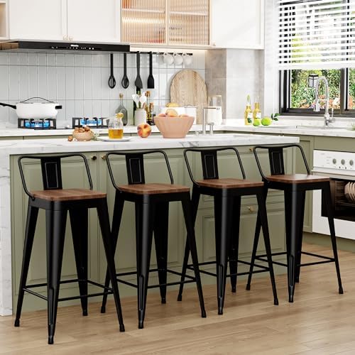 WENTMENT Metal Bar Stools Set of 4 Counter Height Barstools with Removable Back 24" Kitchen Bar Stools with Wooden Seat, Black
