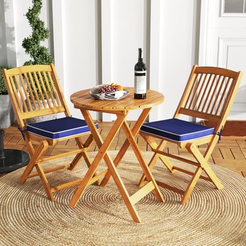 GIANTEX Patio Bistro Set 3 Pieces, Outdoor Acacia Wood Folding Table & Chairs Set with 2 Padded Cushions, Patio Conversation Furniture Set for Backyard, Garden, Balcony, Poolside (Natural & Navy)