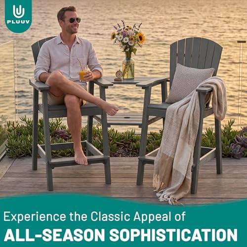 PLUUV Tall Adirondack Chairs Set of 2 with Double Connecting Trays, Grey