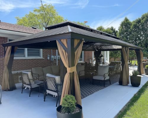 PURPLE LEAF Patio Hardtop Gazebo 12' x 28' Bronze Frame Double Roof Khaki