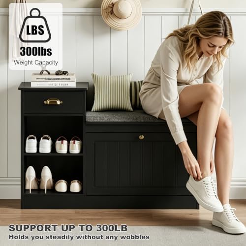 Shoe Storage Bench, Modern Wooden Shoe Cabinet with Flip Drawer and Adjustable Shelf, Entry Way Bench with Padded Seat Cushion for Entryway, Hallway, Living Room,Black