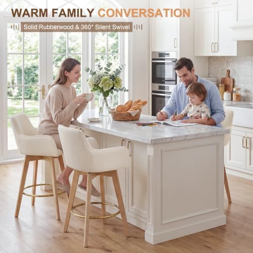 ONEVOG Swivel Counter Height Bar Stools with Backs, Natural Solid Wood Legs