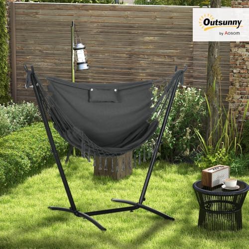 Outsunny Patio Hammock Chair with Stand Side Pocket Headrest Dark Gray