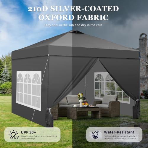 10x10ft Pop-Up Canopy Tent with 4 Side Walls — Easy Setup, Outdoor Portable Gazebo with 4 Ropes, 8 Stakes, 4 Sandbags and Handbag, for Patio, Camping and Picnic, Gray