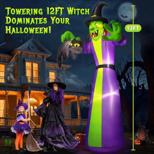 zukakii 12FT Giant Halloween Inflatables Witch Outdoor Decorations, Huge Halloween Blow Up Spooky Witch Grabbing Black Cat Yard Decoration Built-in LEDs & Strong Blower Large Tall for Lawn Party