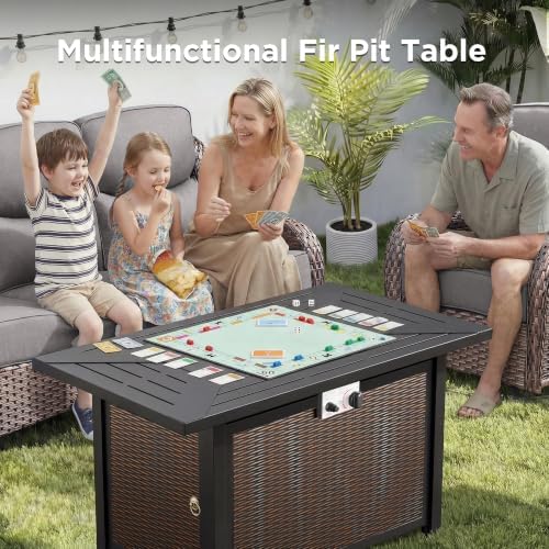 Luxury Patio Furniture Set with 42.5" Fire Pit Table, 6-Inch Thick Cushions Wicker Outdoor Furniture with Wicker Swivel Patio Chairs Set of 2, Patio Conversation Set for Deck Garden Porch, Gray