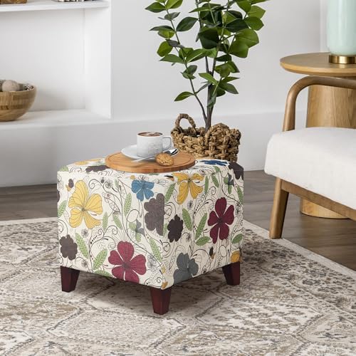 Adeco Floral Printed Linen Ottoman, 16.3" Upholstered Cube Foot Stool with Wood Legs, Small Accent Footrest for Living Room, Bedroom Vanity, and Under Desk - Burnt Orange & Blue