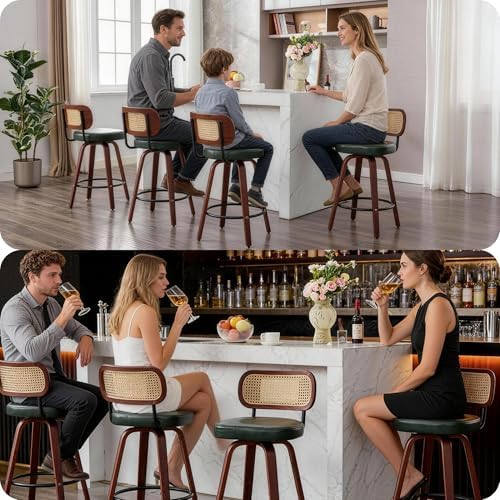 KEEZY Natural Rattan Bar Stools Set of 2, 26 Inch Counter Height Barstools with Backs, PU Leather Seat, 360° Swivel, Wood Legs, Mid-Century Modern Bar Chairs for Kitchen Island, Home Bar(Dark Green)