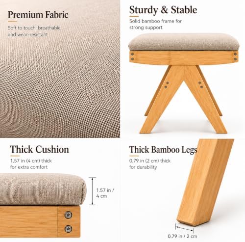 BAMBOOHOMIE Square Foot Stool Ottoman, Large Vanity Stool with Thickened Bamboo Legs & Foam Cushion for Makeup Room, Modern Foot Rest Padded for Bedroom Closet Entryway Living Room (Natural - Brown)