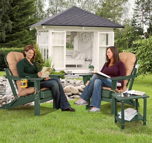 nalone Folding Adirondack Chairs Set of 2 with Cushion with Cup Holder, HDPE Plastic Oversized Patio Chair Weather Resistant, Used in Outdoor, Fire Pit, Deck, Garden, Campfire Chairs (Green)