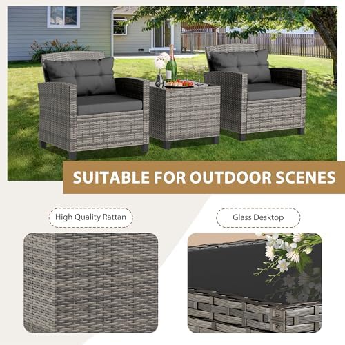 JAMFLY 3 Piece Wicker Patio Furniture Set - Outdoor Rattan Conversation Set with Soft Cushions & Glass Coffee Table for Balcony, Porch, Small Backyard - All Weather Grey Bistro Set, Grey