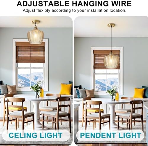Amber Glass Pendant Lights Kitchen Island Gold Hanging Ceiling Light 9.45"