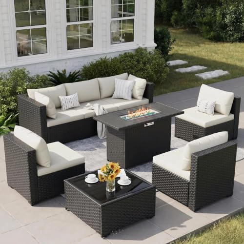 8 Piece Patio Furniture Set with 43" Fire Pit Table, White/Black