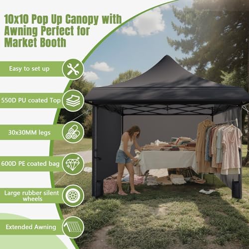 10x10 Heavy Duty Pop Up Canopy Tent with Awning and Sidewalls, Black
