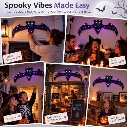 40.9 Inch Lighted Halloween Bat Decoration with Glowing Green Eyes and Purple...
