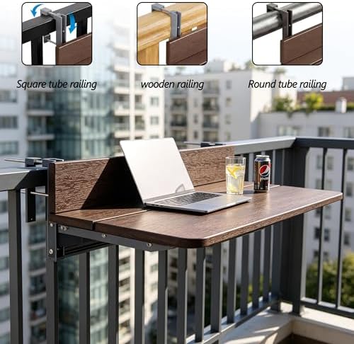 Balcony Bar Table for Railings, Outdoor HDPE Hanging Folding Adjustable Height Deck Rail Table for Patio, Garden, Rustproof Aluminum Alloy Frame,Weather Resistant, Easy Assembly