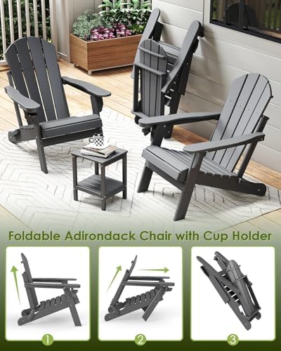 GREENVINES Folding-Adirondack-Chairs Set of 4, HDPE All Weather, Grey
