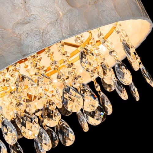 LumFurn D18in Drum Capiz Shell Crystal Chandeliers, 4-Light Coastal Style Light Fixture for Dining Room, Living Room, D18x21~68"(Adjustable), K9 Crystal, Shell Lampshade & Gold Finish