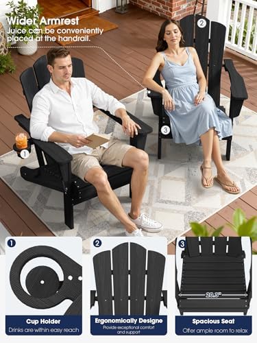 KINGYES Folding Adirondack Chair, All-Weather HDPE Material, Black, 2 Pack